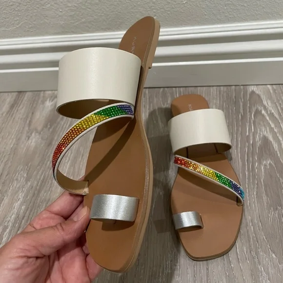 🌈 NIB Kurt Geiger Dawn Rainbow bone leather crystal strap sandal sz 8.5 🌈 - Picture 3 of 7